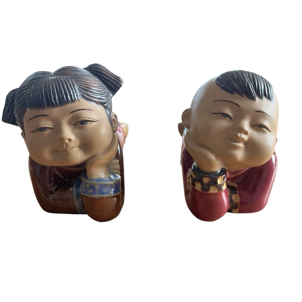 Ceramic Figurines Chinese Majolica Art Pottery Gazing Children Boy Girl Signed